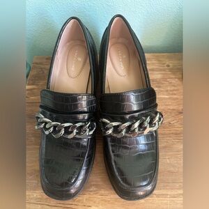 Bandolino Womens 7.5 Misha Black Croc Platform Chunky Heel Loafers 90s Y2K NEW